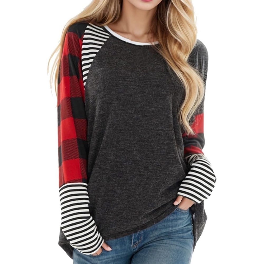Haptics gray & red Buffalo plaid long sleeve top